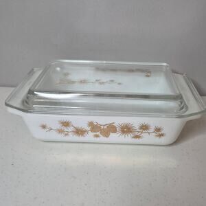 Vintage Pyrex Golden Pine Cone Space Saver Rectangle #575B 2Quart Casserole Dish